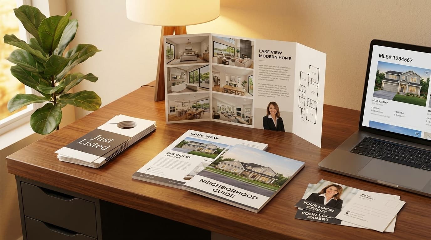 Professional real estate flyers and open house print materials with property photos