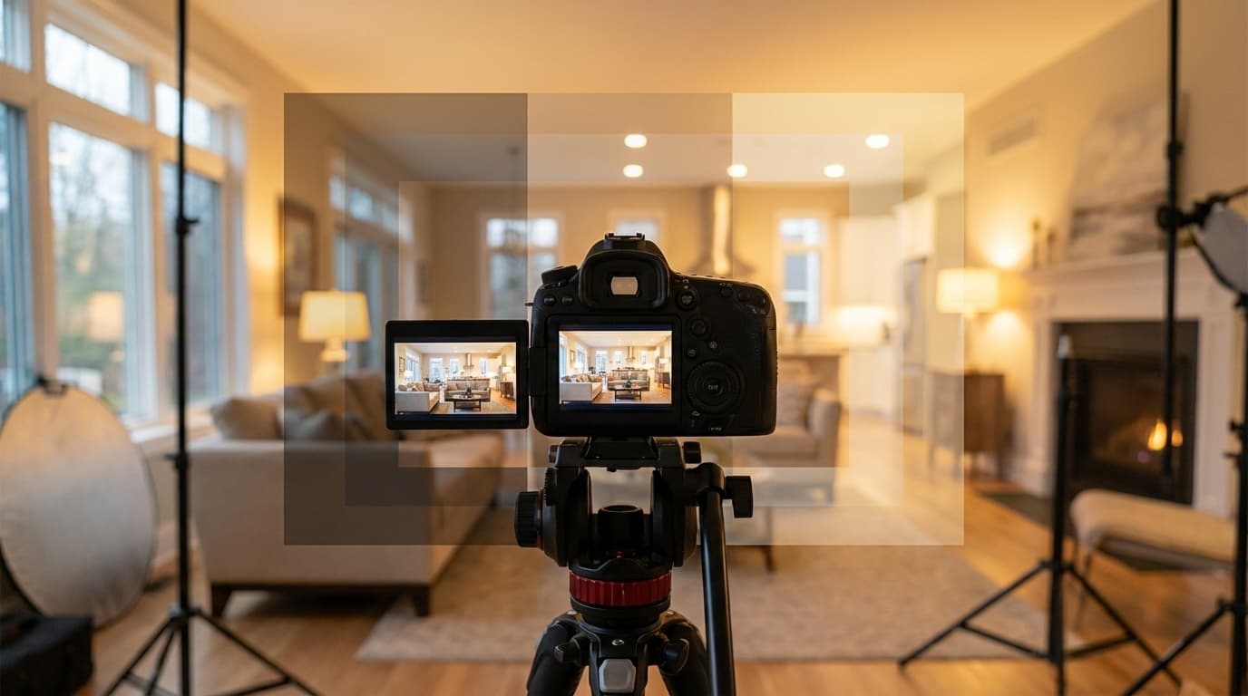 Professional HDR real estate photography showing bright living room with balanced window lighting