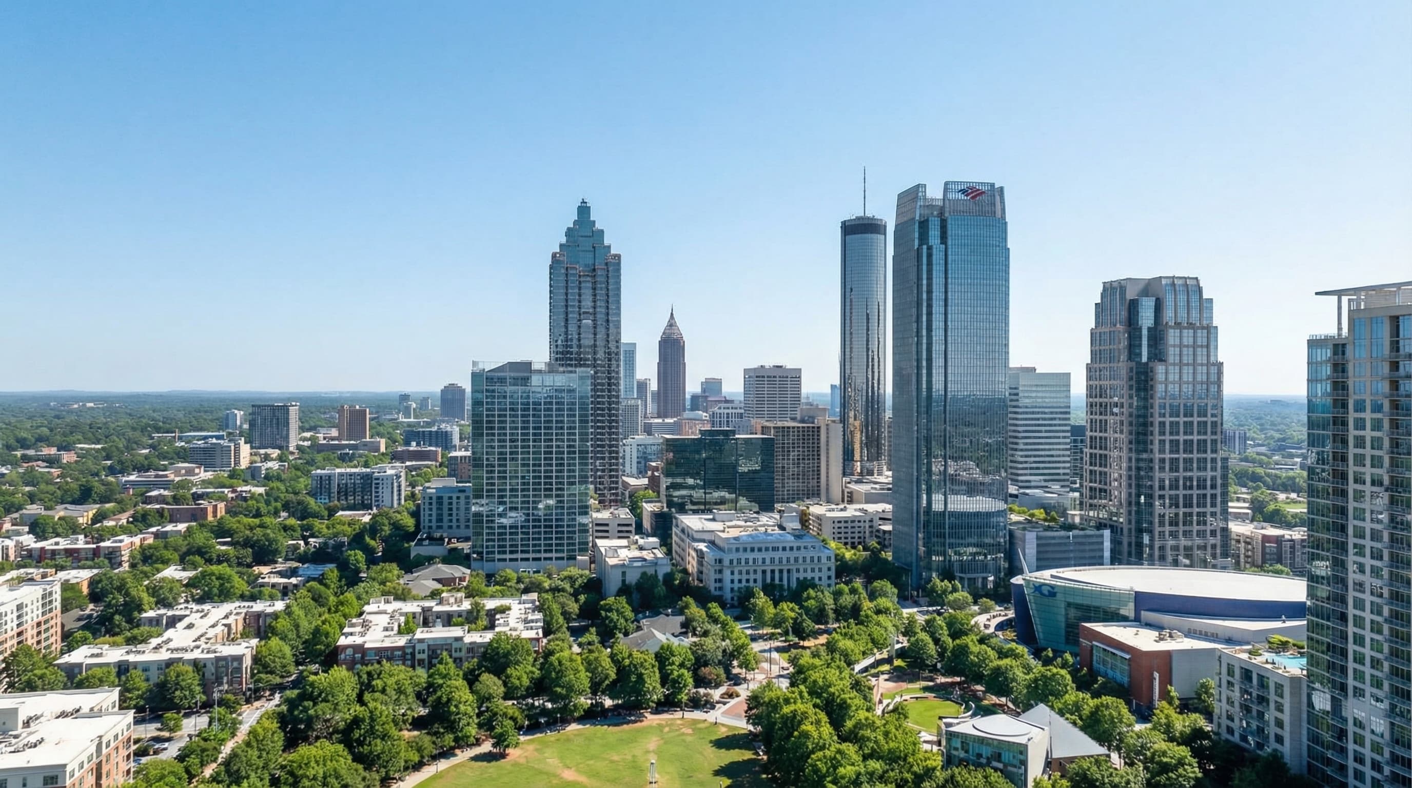 Atlanta Georgia skyline at sunset with Buckhead towers and Midtown buildings