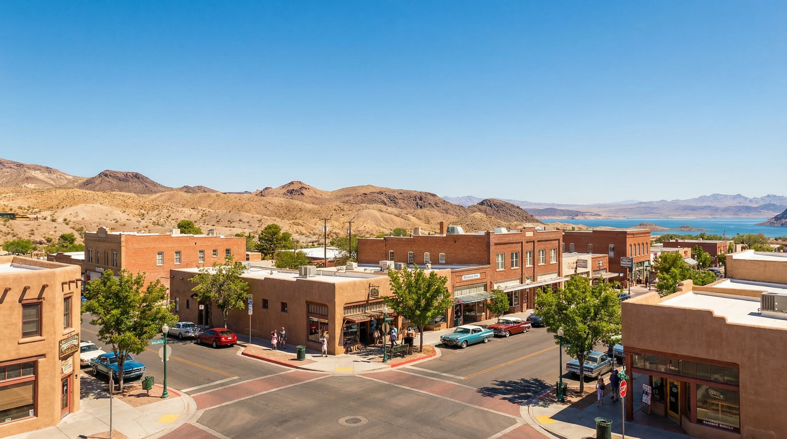 Boulder City Nevada historic small town near Lake Mead and Hoover Dam with charming downtown, desert mountains, and blue skies