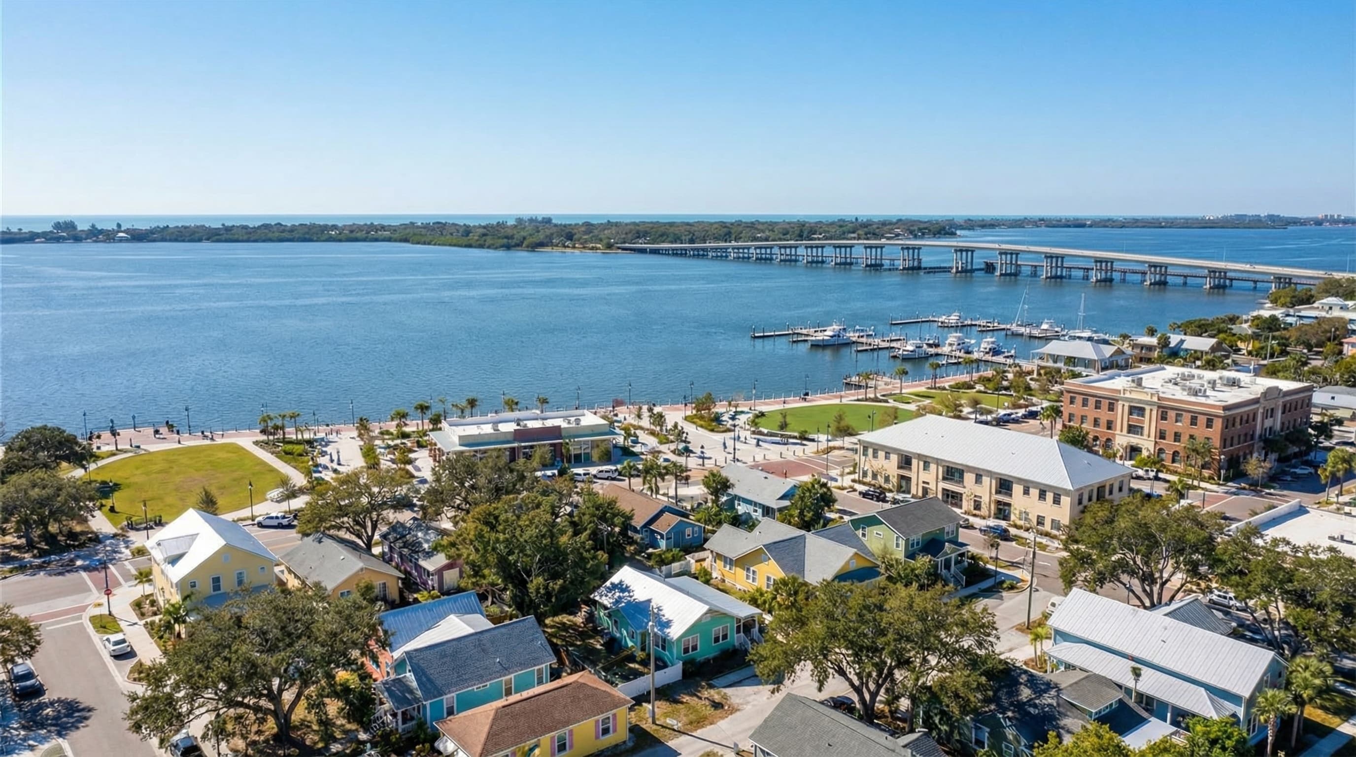 Bradenton Florida Riverwalk with downtown skyline, Manatee River, and nearby Anna Maria Island beaches