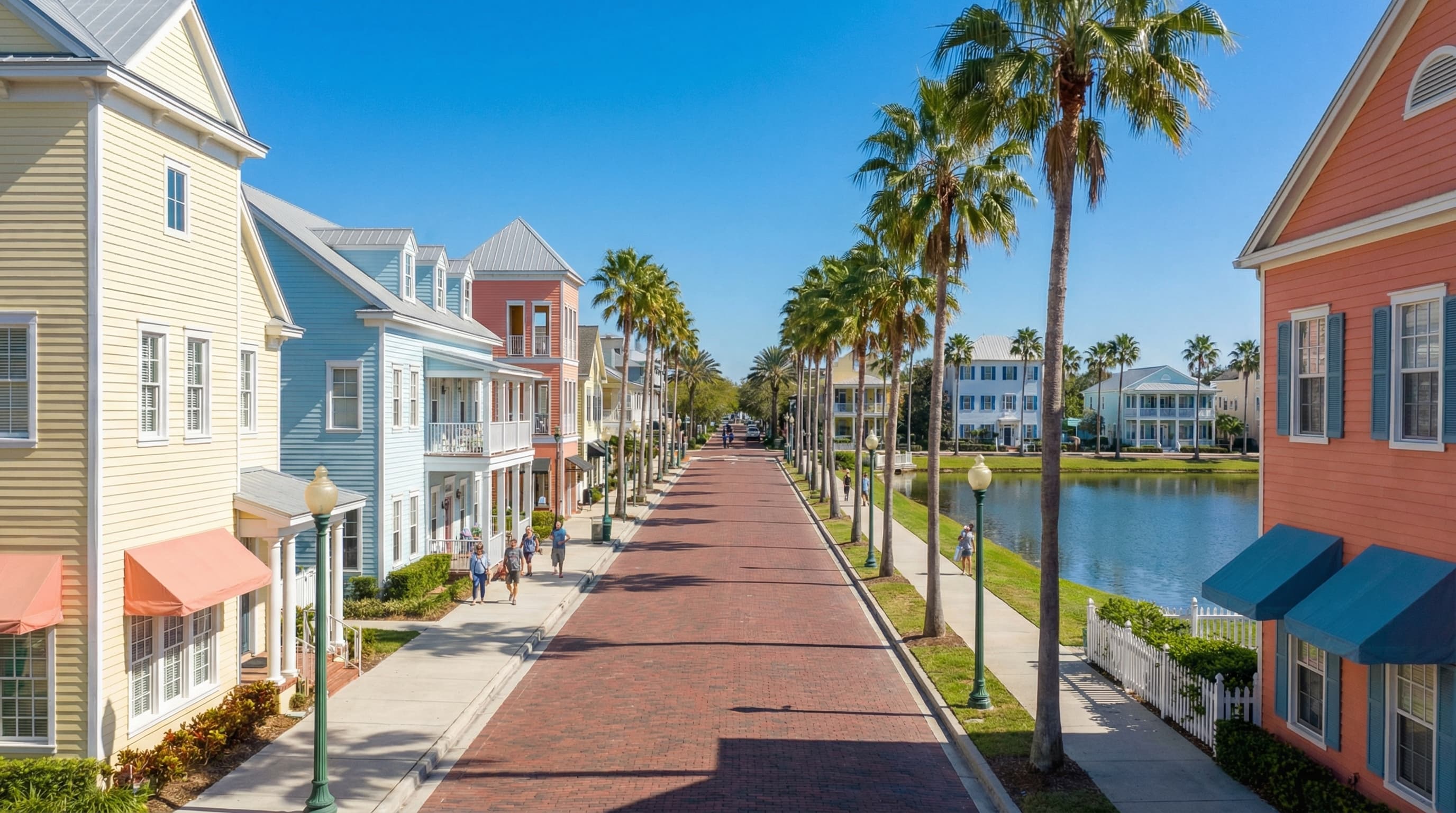 Celebration Florida downtown with charming architecture, lake, and Disney-designed streetscape