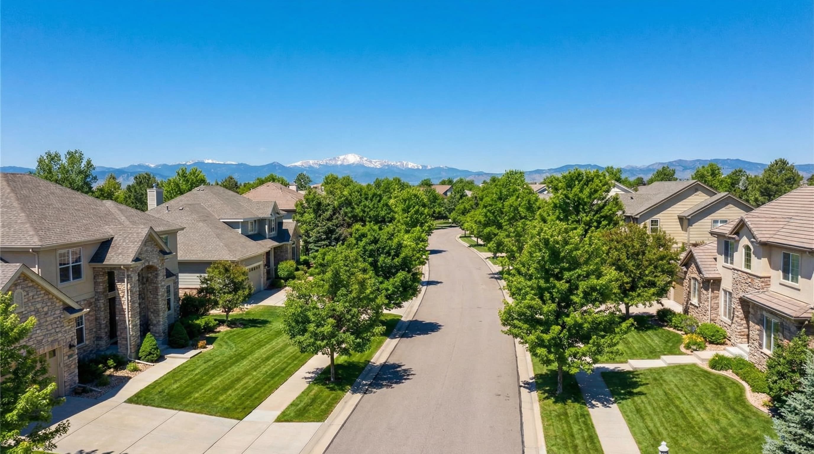 Centennial Colorado established south Denver suburb with mature trees, well-maintained homes, and Rocky Mountain views