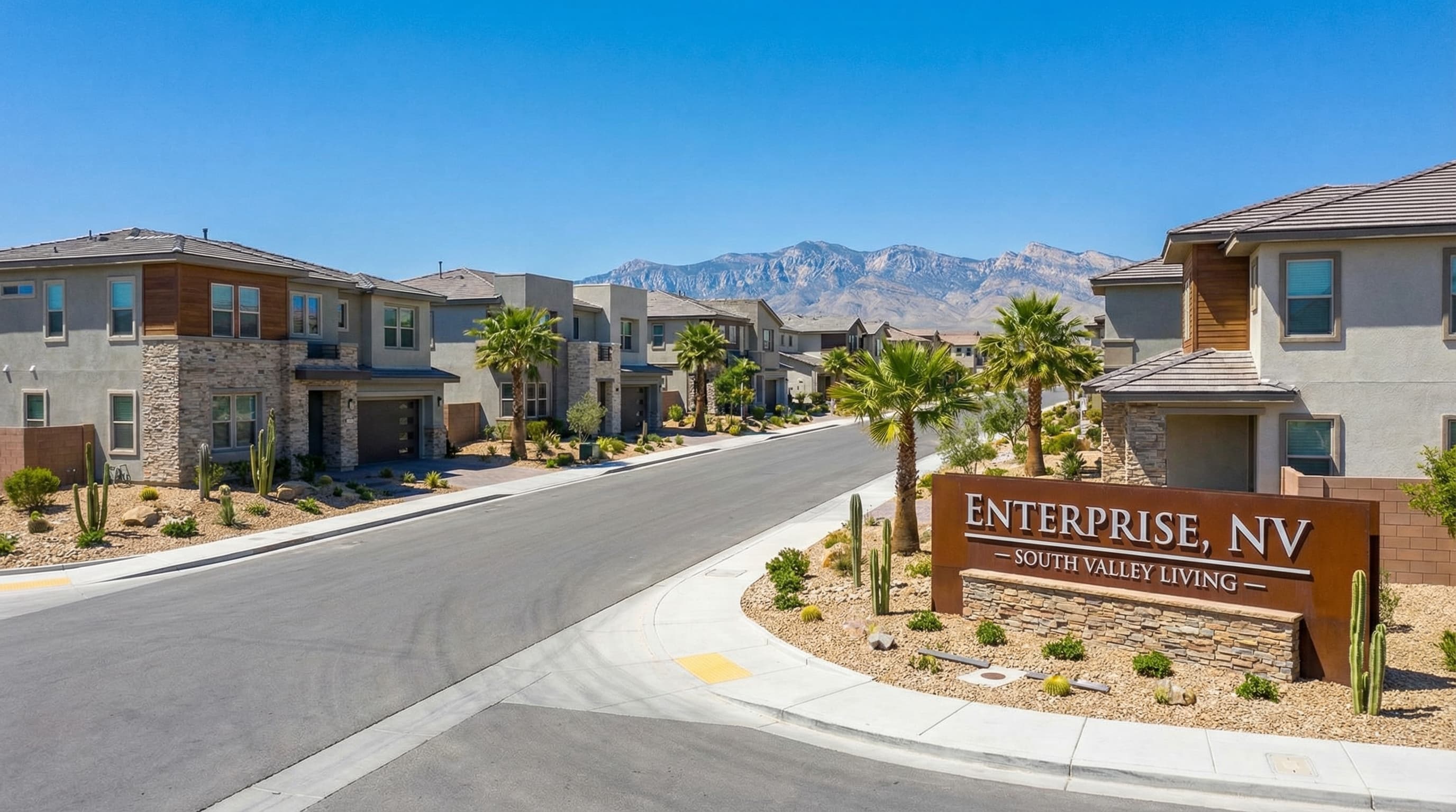 Enterprise Nevada master-planned community with Southern Highlands golf course, upscale homes, and scenic desert mountain backdrop