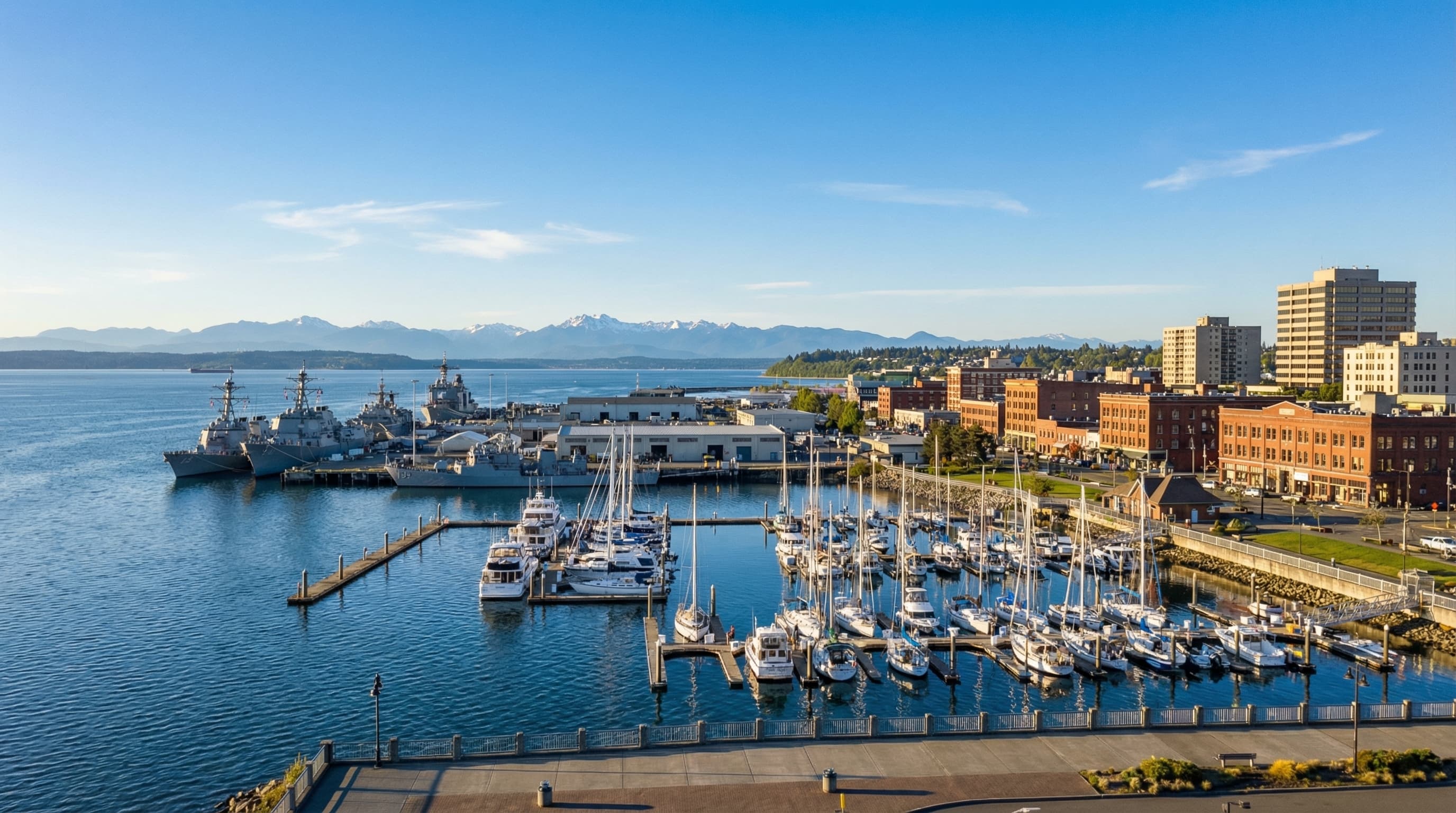 Everett Washington waterfront city with Port Gardner Bay, Naval Station, Olympic Mountain views, and revitalizing downtown