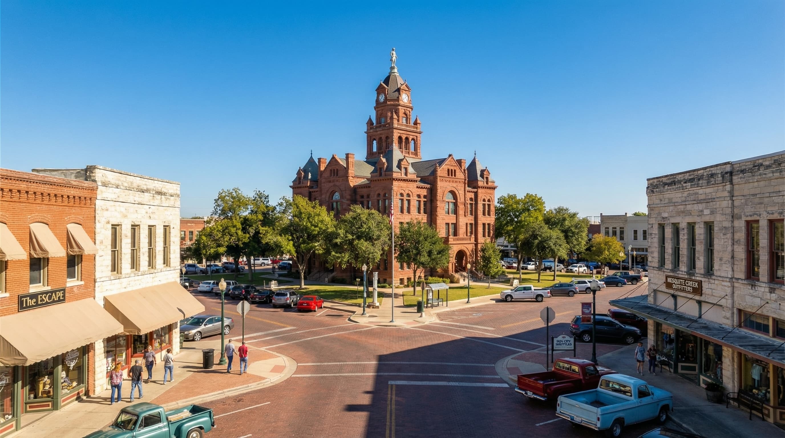 Georgetown Texas historic Victorian courthouse square with Sun City retirement community backdrop