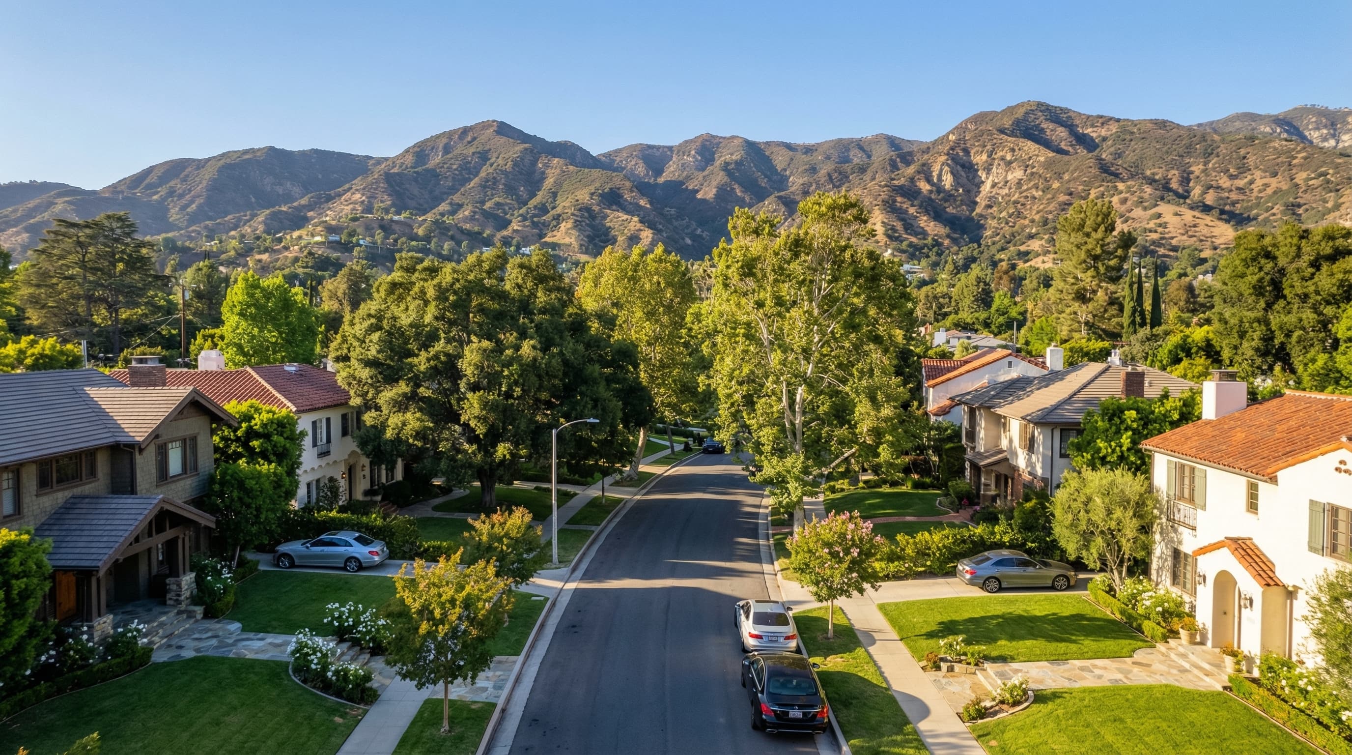 Upscale Glendale California residential neighborhood with elegant homes and Verdugo Mountains backdrop