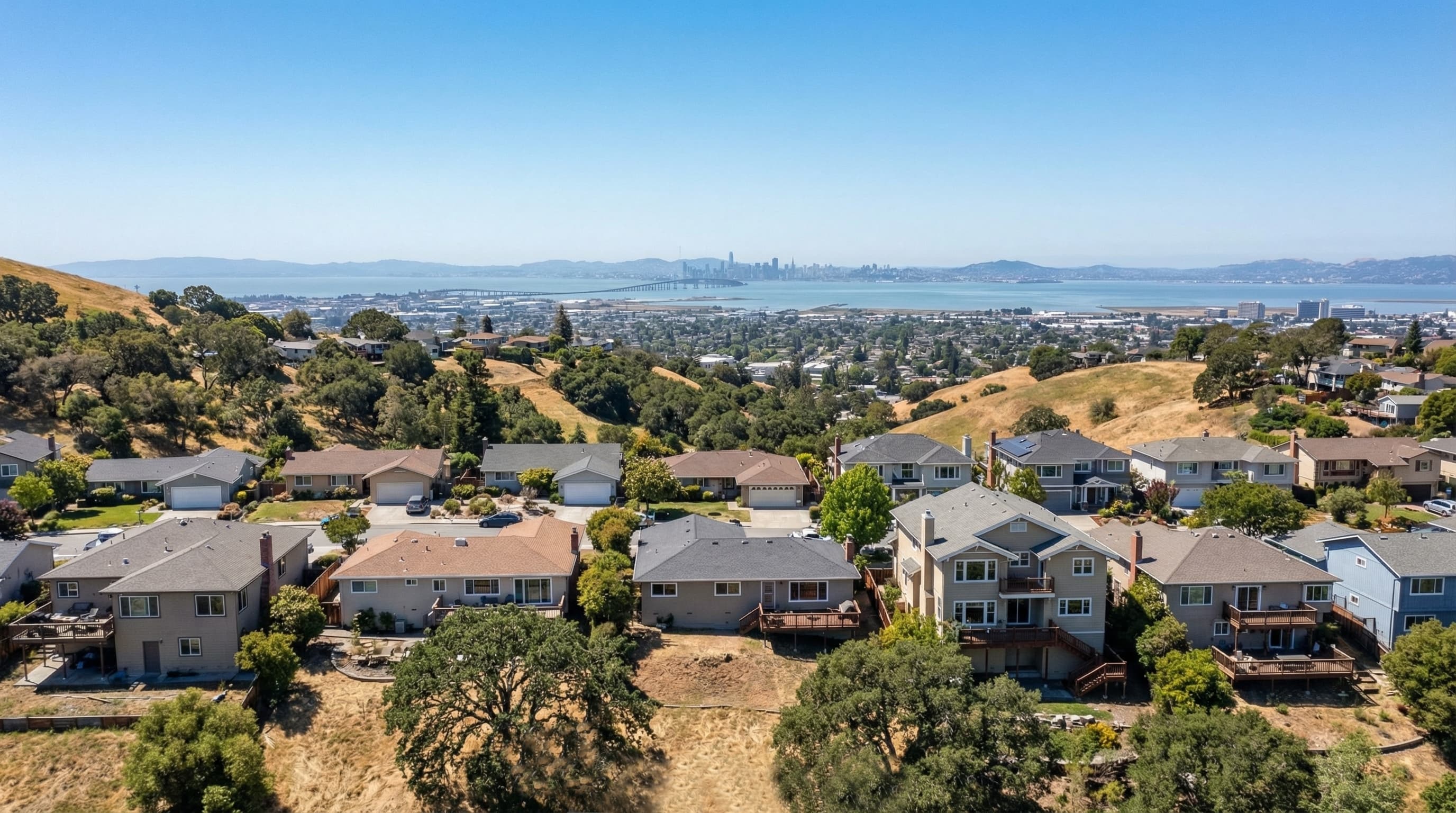 Hayward California East Bay hillside homes with panoramic San Francisco Bay view