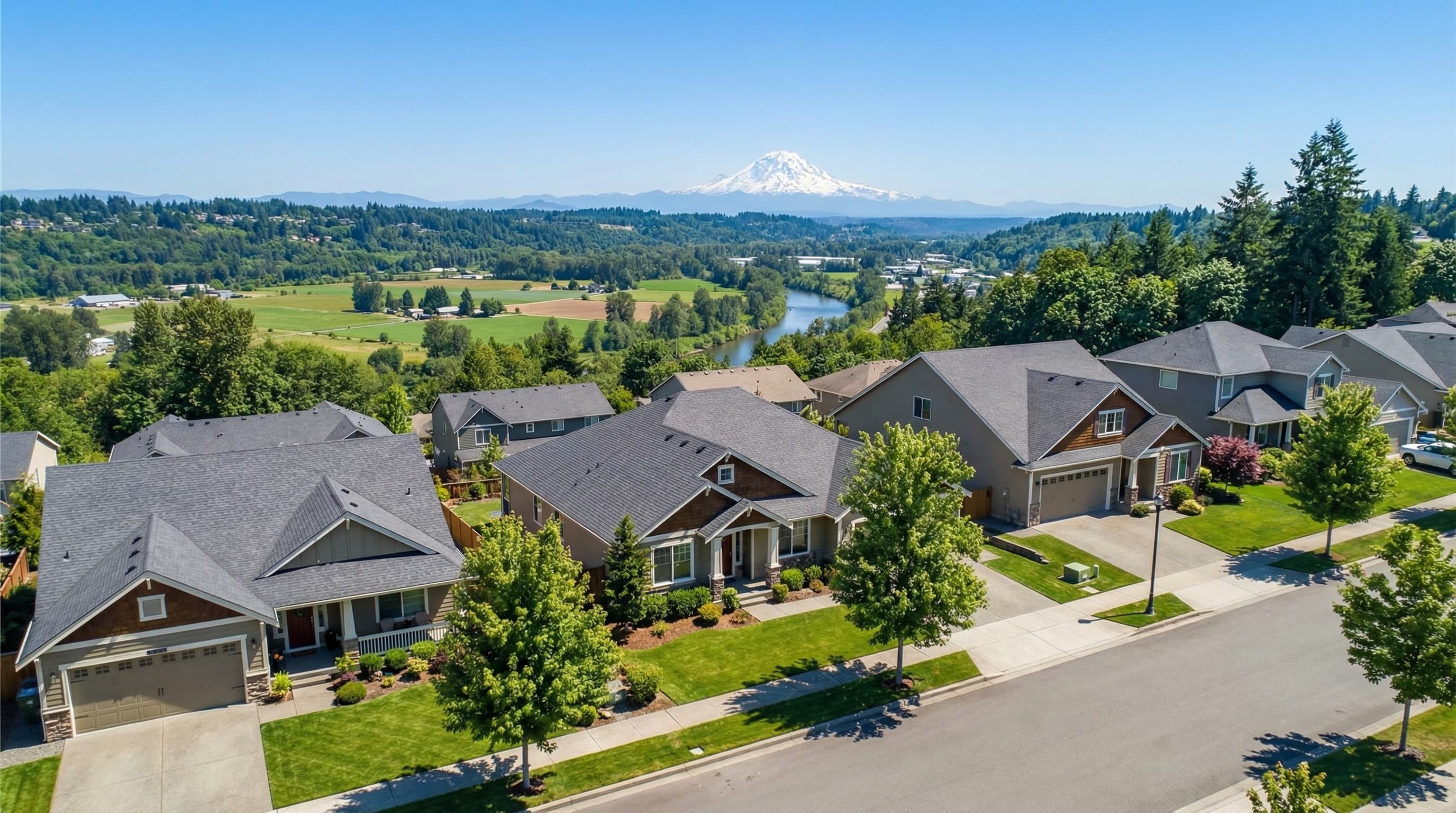 Kent Washington Green River Valley community with suburban homes, agricultural heritage, and Mount Rainier views