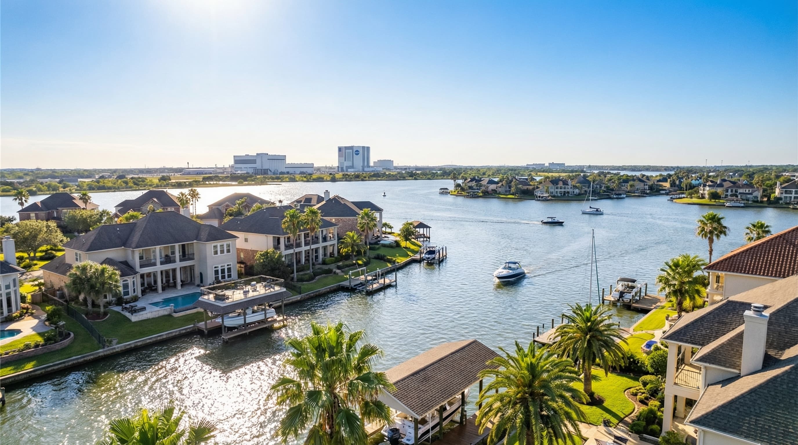 League City Texas waterfront homes near Clear Lake with NASA Johnson Space Center views