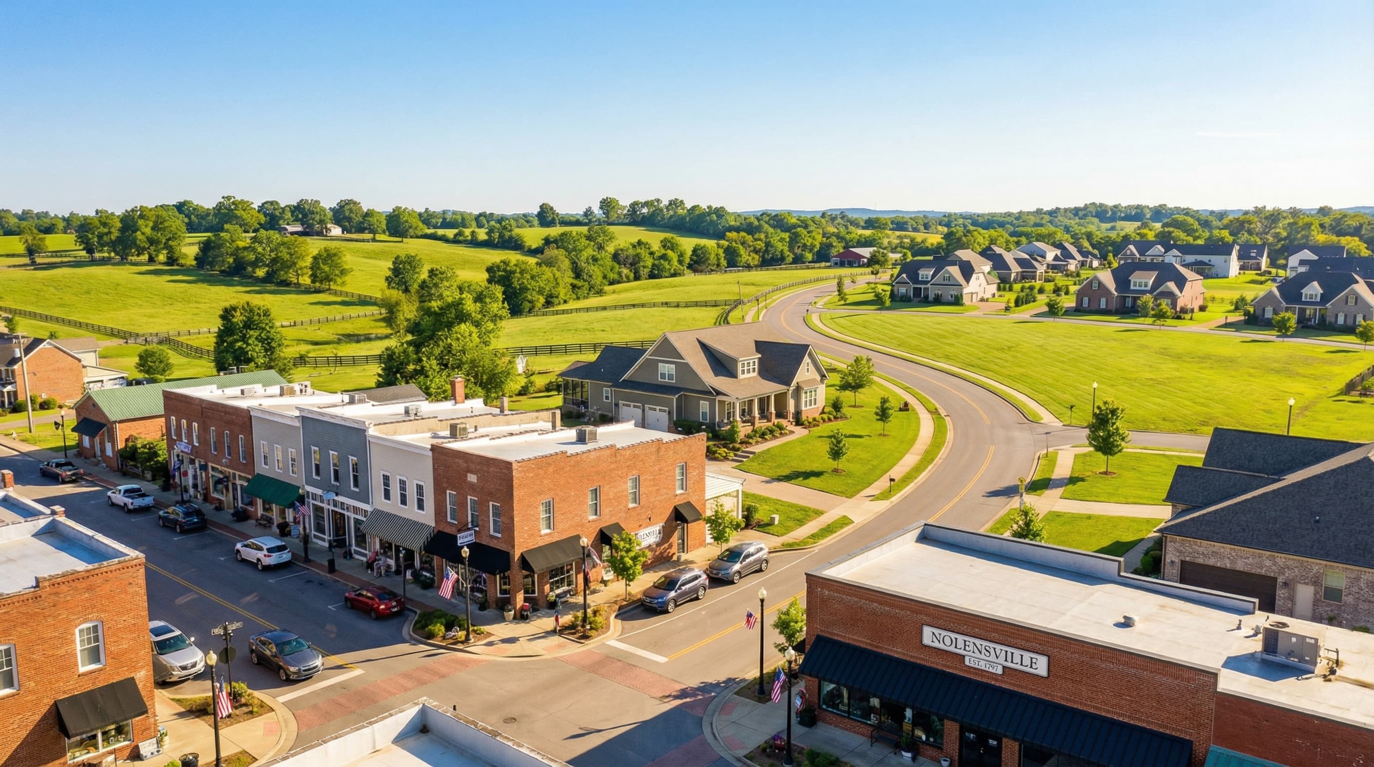 Nolensville Tennessee historic downtown with new construction neighborhoods and rolling hills