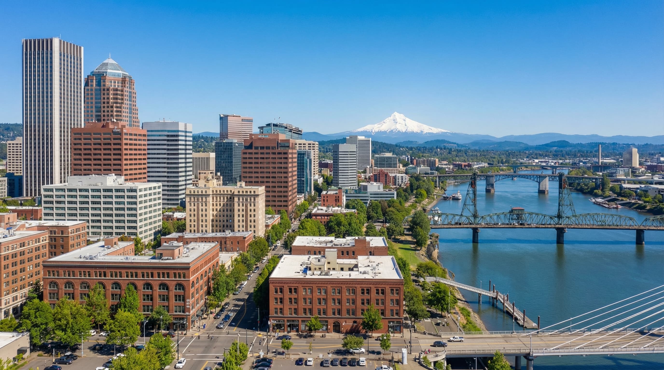 Portland Oregon skyline with Mount Hood backdrop and Willamette River bridges at golden hour