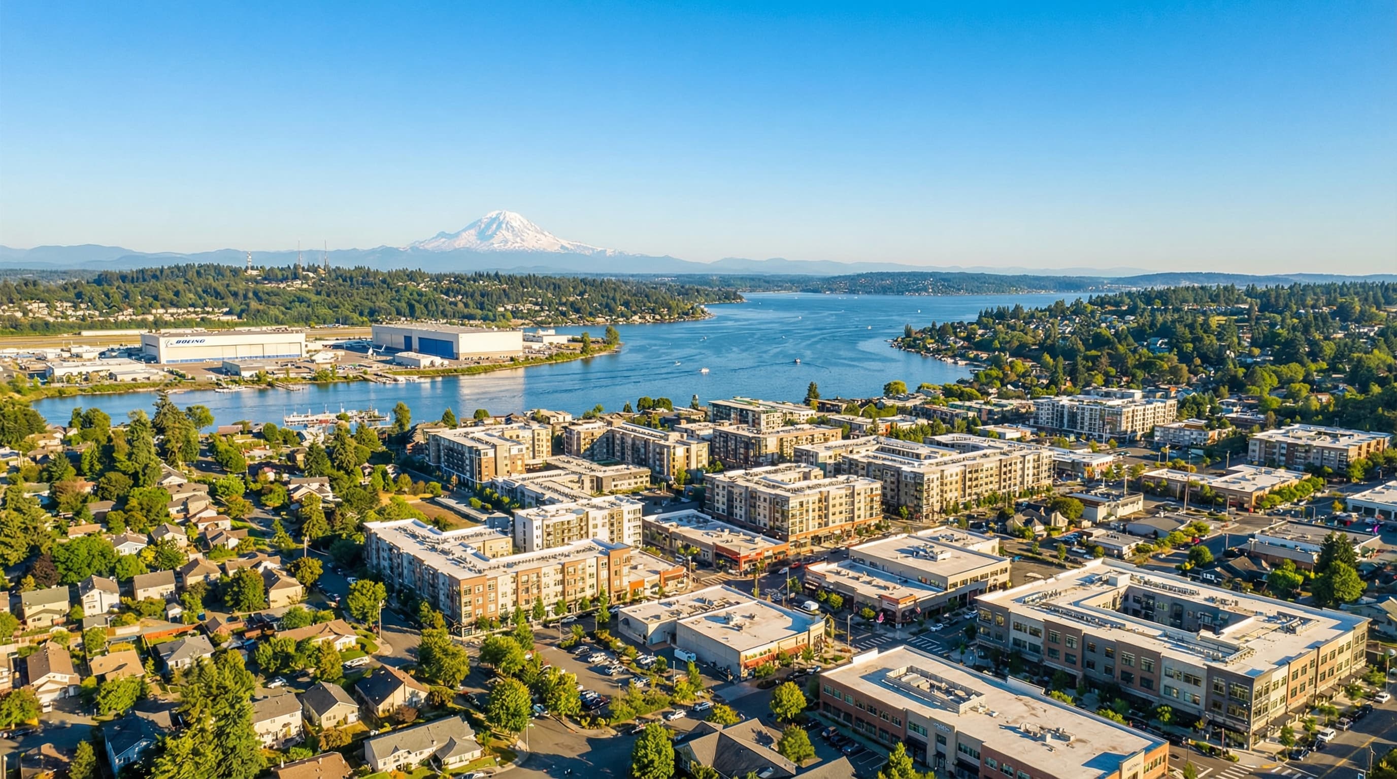 Renton Washington with revitalized downtown Landing development, Lake Washington views, and Boeing presence