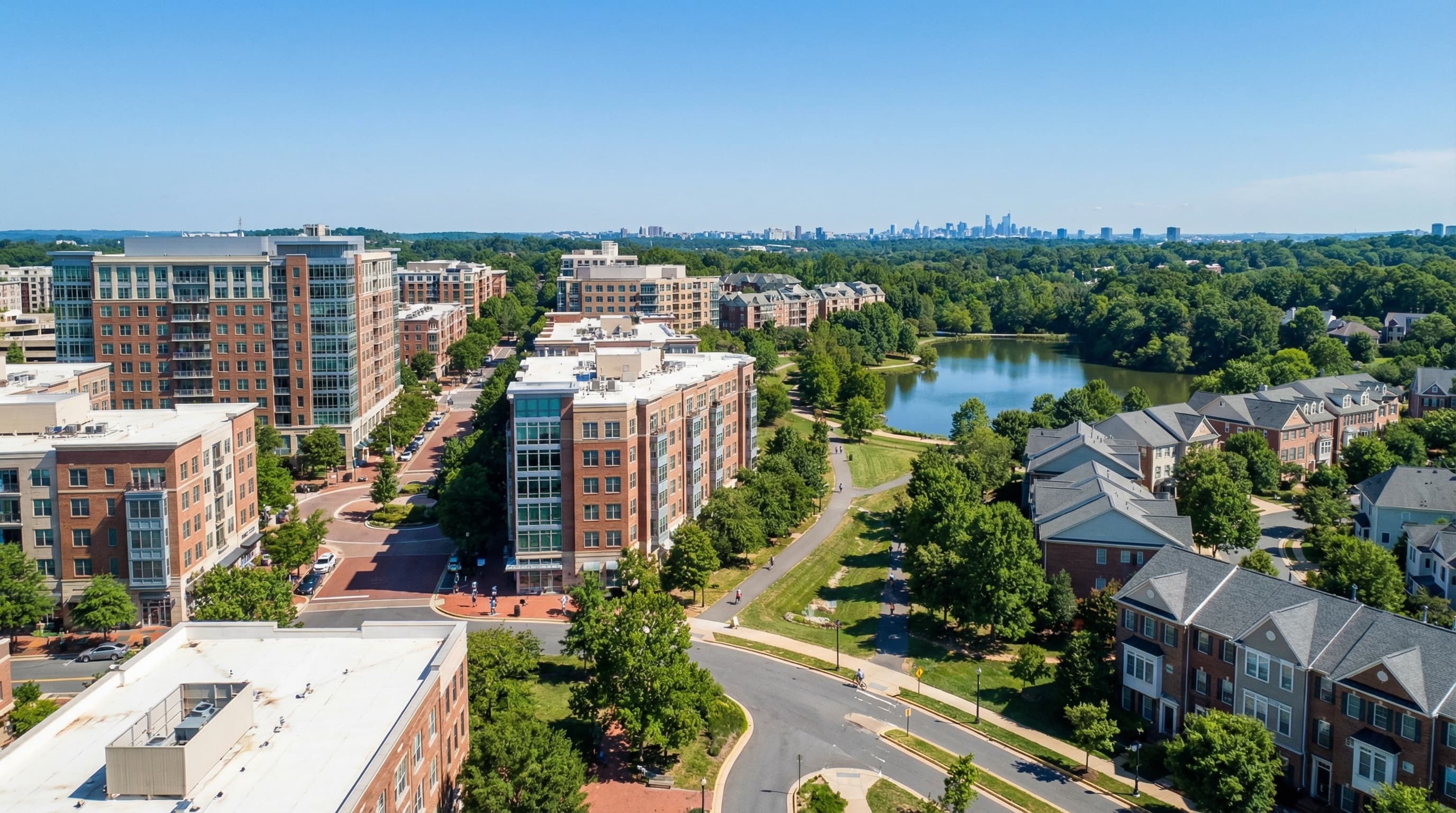 Reston Town Center Virginia with high-rises, shops, and pedestrian-friendly urban design