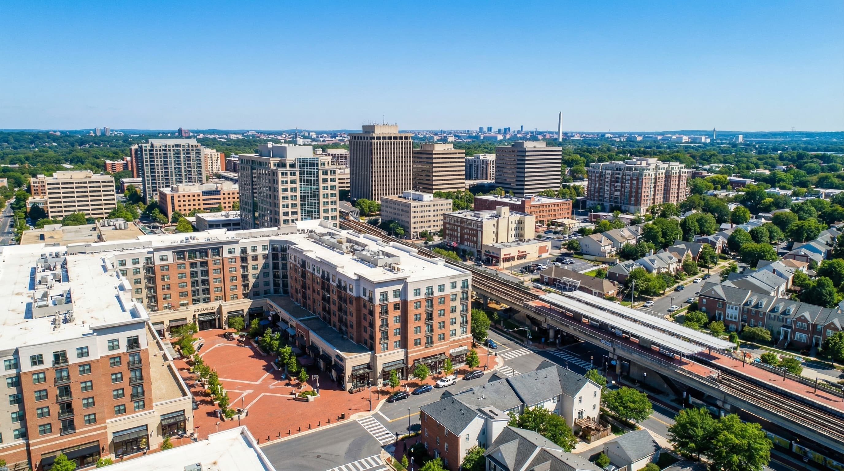 Rockville Maryland Town Square with mixed-use development, Metro station, and suburban neighborhoods
