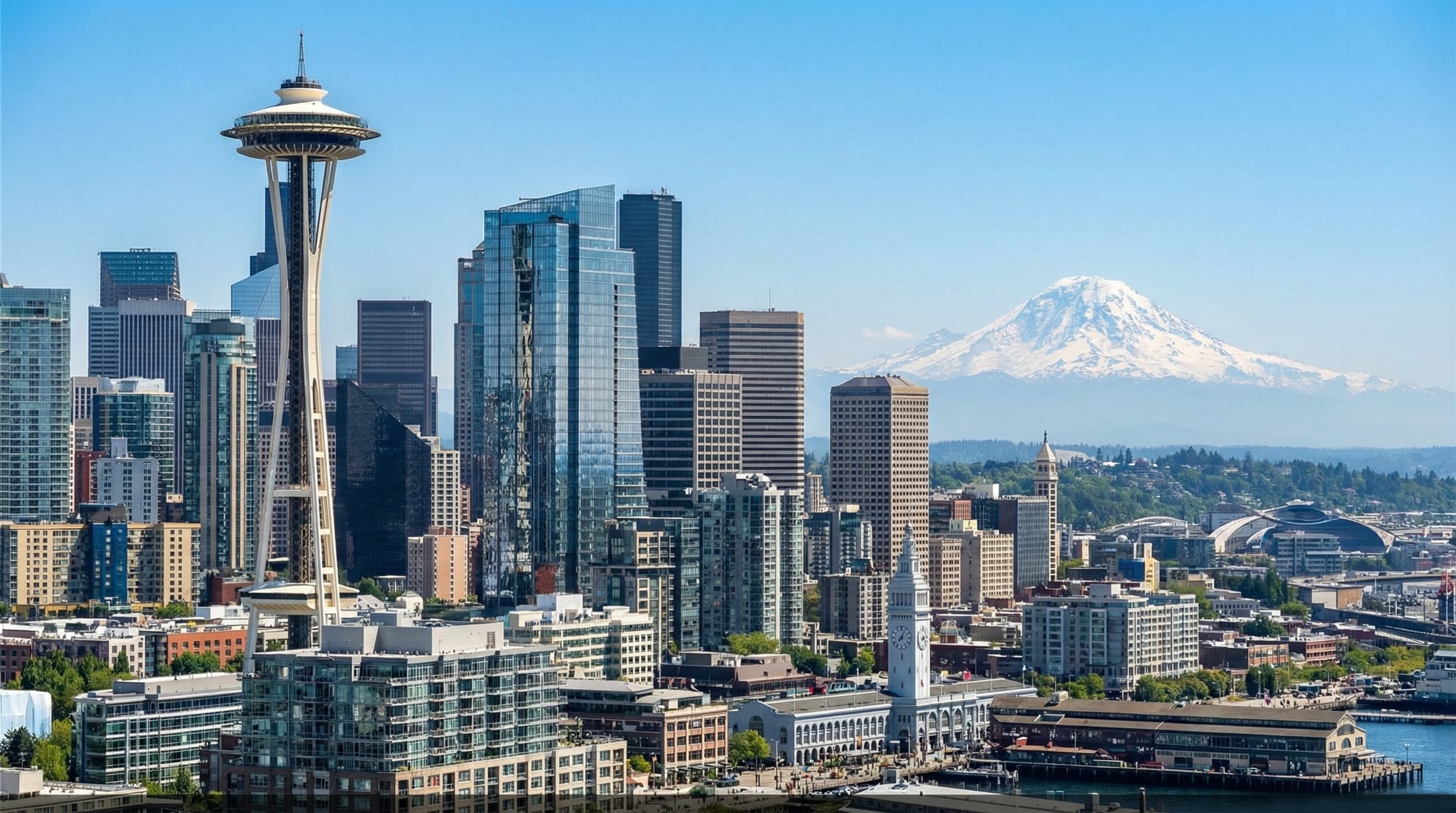 Seattle Washington skyline with Space Needle, Mount Rainier backdrop, Elliott Bay waterfront, and iconic evergreen trees