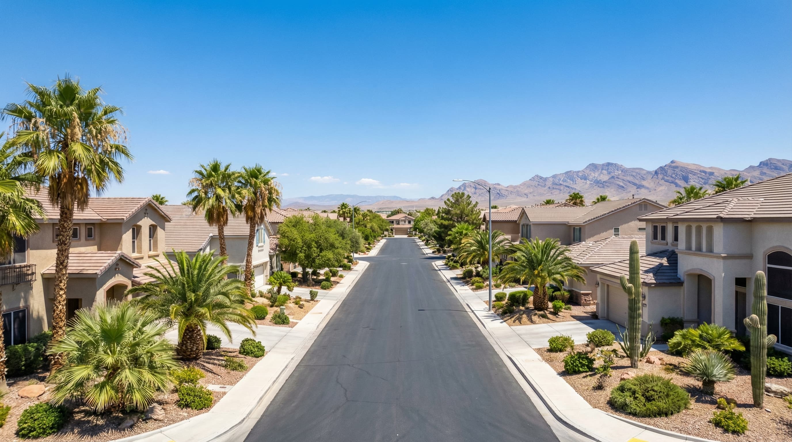 Spring Valley Nevada established community with The Lakes waterfront homes, mature landscaping, and Las Vegas Strip views in the distance